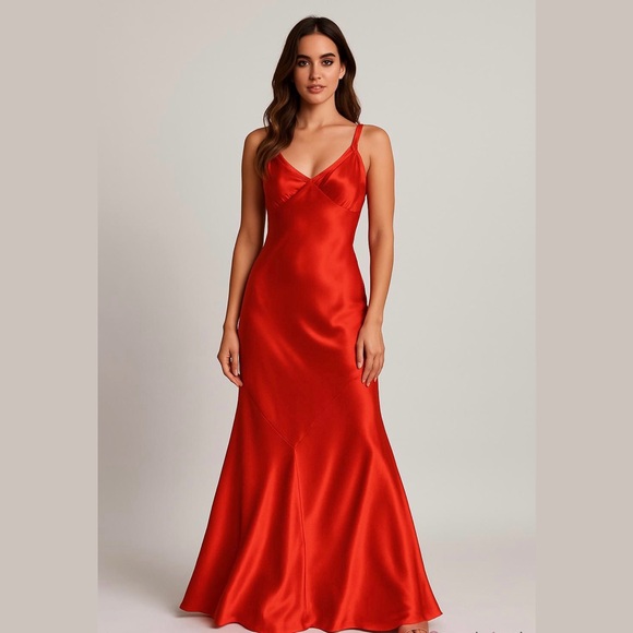 Jovani red satin silk V-neck ruched evening gown dress prom bridesmaid 2 - Picture 11 of 11
